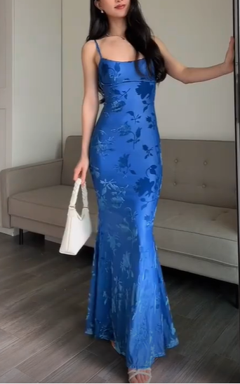 Blue Spaghetti Straps Satin Print Prom Gown Mermaid Evening Dress DP710