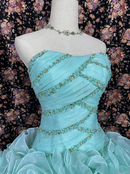 Frosted Aqua Vintage Ball Gown Sweetheart Neck Beaded Layered Organza Prom Dress DP3171
