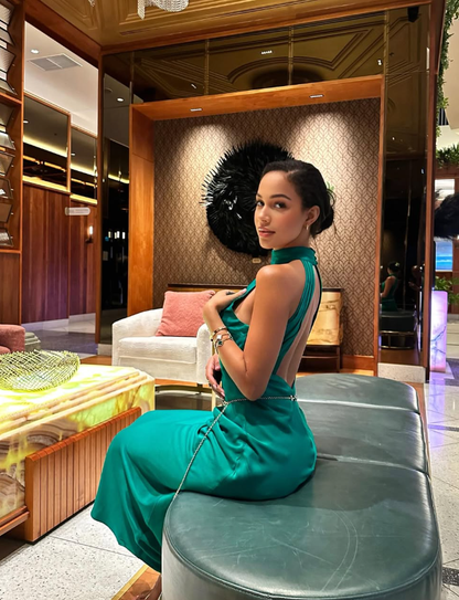 Simple Sheath Halter Green Satin Open Back Prom Dress Graduation Prom Dress DP2106