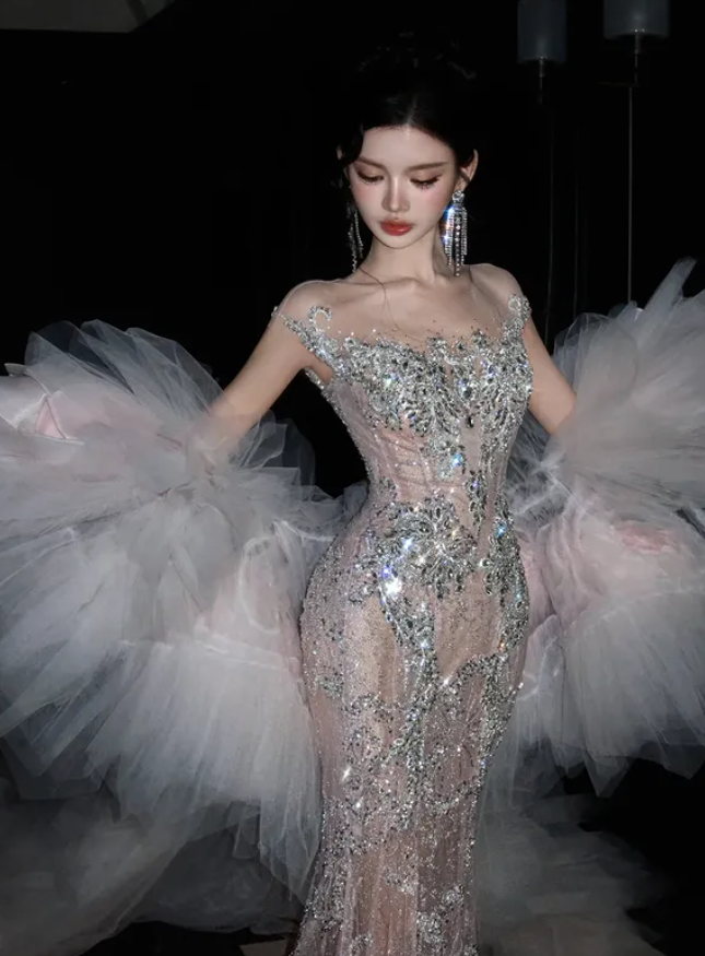 Shiny Mermaid Exquisite Beaded Sequin Tulle Long Sweep Prom Dress DP5037