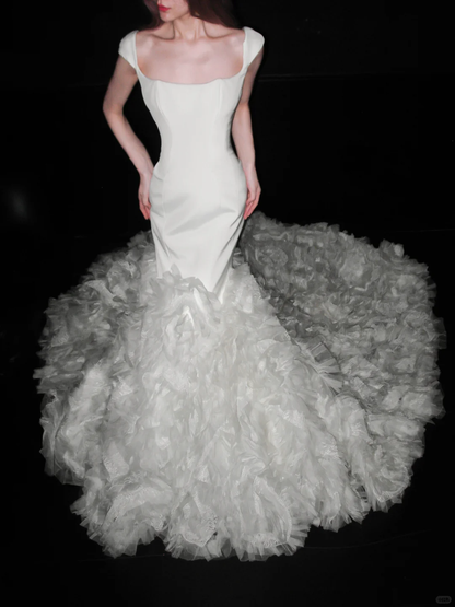 Timeless Elegance Mermaid White Satin Tulle Long Wedding Dress DP5199