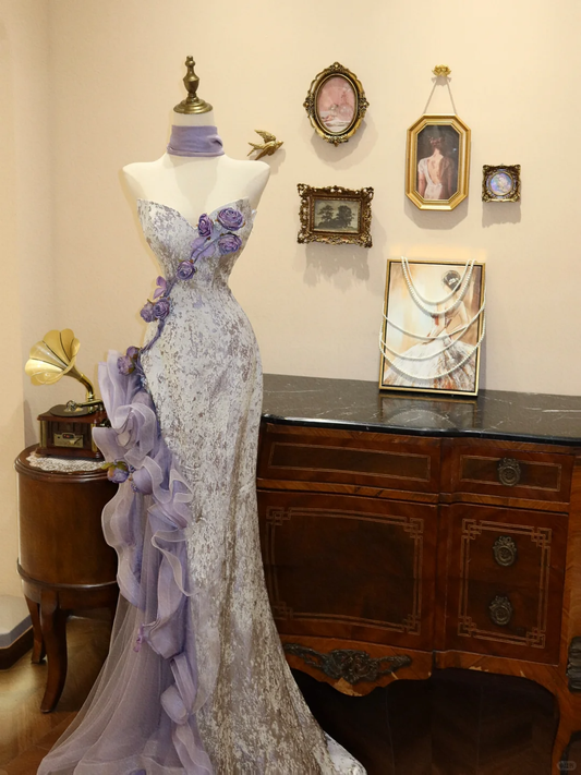 Elegant Mermaid Sweetheart Neck Floral Purple Tulle Satin Prom Dress 16th Birthday Dress DP3914