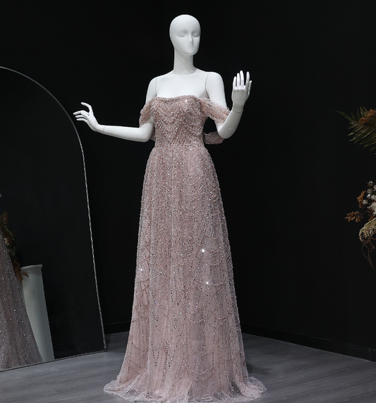 Gorgeous A Line Off the Shoulder Beaded Tulle Prom Dress Evening Dress DP1933