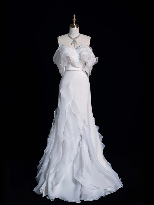 White Mermaid Off the Shoulder Ruffle Chiffon Prom Dress Graduation Prom Dress DP1989