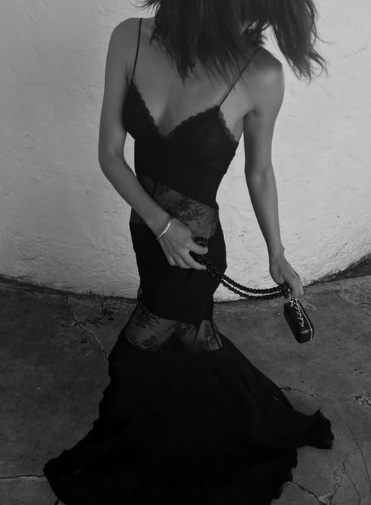 Sexy Mermaid Spaghetti Strap Black Satin Lace Long Prom Dress Evening Dress DP3828