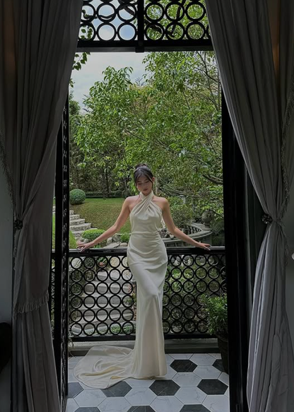 Elegant Mermaid Halter White Satin Open Back Prom Dress 16th Birthday Dress Long Sweep DP3972