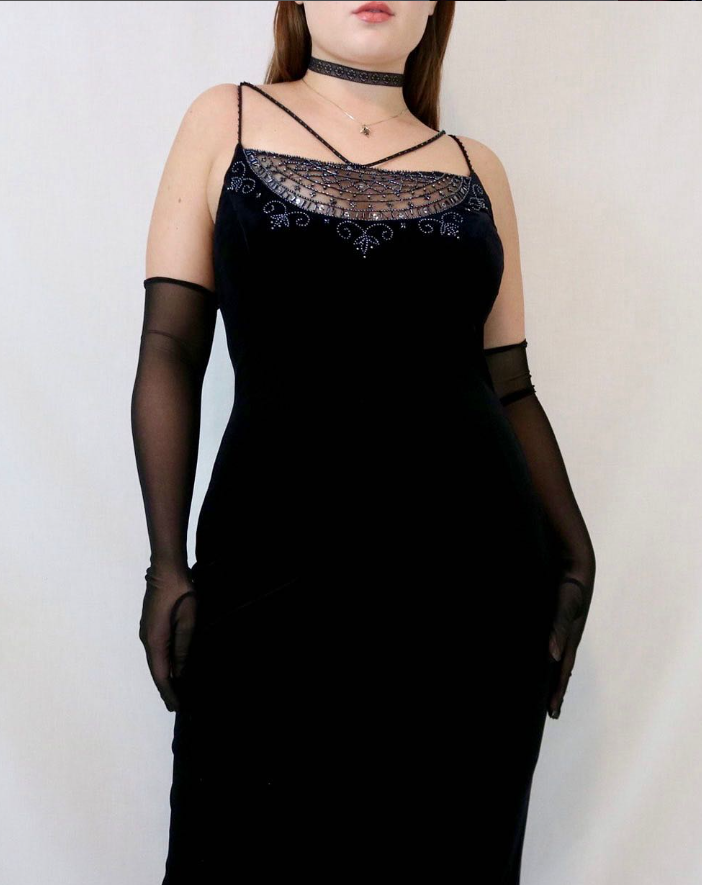 Vintage Sheath Spaghetti Straps Beads Black Satin Evening Dress Prom Dress DP1446