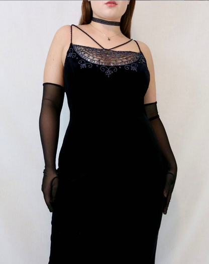 Vintage Sheath Spaghetti Straps Beads Black Satin Evening Dress Prom Dress DP1446