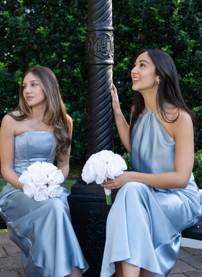 Chambray Blue Elegant A Line Strapless Corset Satin Bridesmaid Dress DP4971