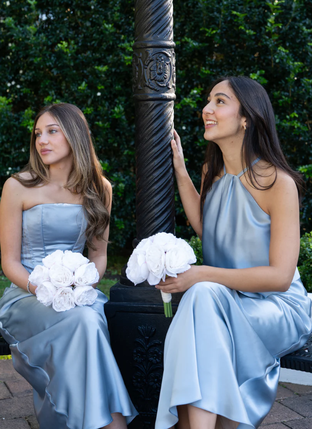 Chambray Blue Elegant A Line Halter Satin Backless Bridesmaid Dress DP4973