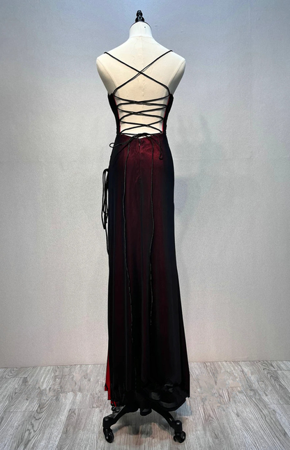 Sexy Backless Burgundy Straps Long Evening Dress Side Slit Prom Dress DP193