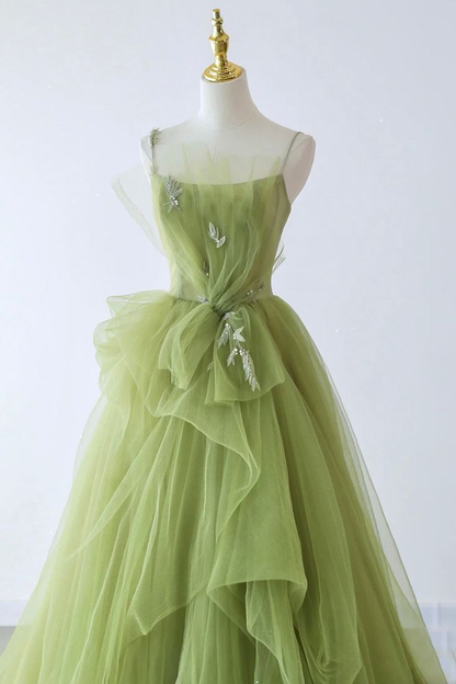 Green Spaghetti Strap Tulle Long Formal Evening Dress Prom Dress DP629