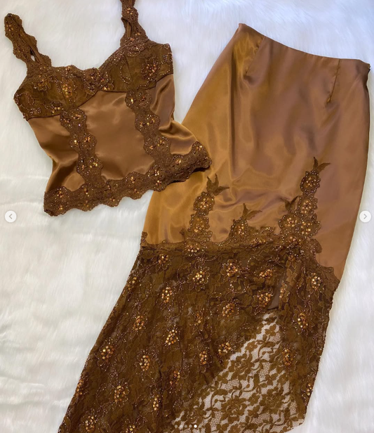 Vintage Two Piece Mermaid Brown Lace Satin Short Homecoming Dress Evening Dress DP1589
