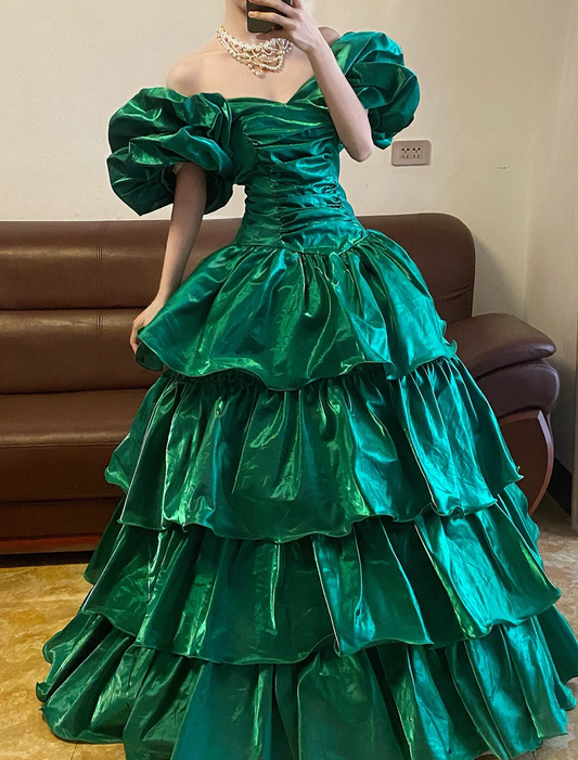 Stunning A Line Off the Shoulder Emerald Satin Long Sweep Party Dress Prom Dress DP2443