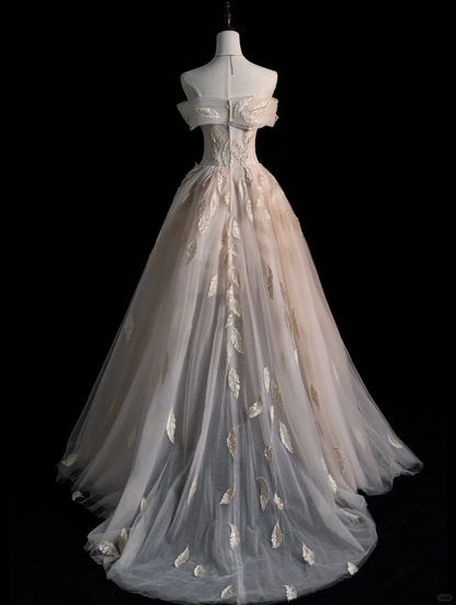 Stunning A Line Off the Shoulder Appliques Tulle Long Prom Dress Party Dress DP2520