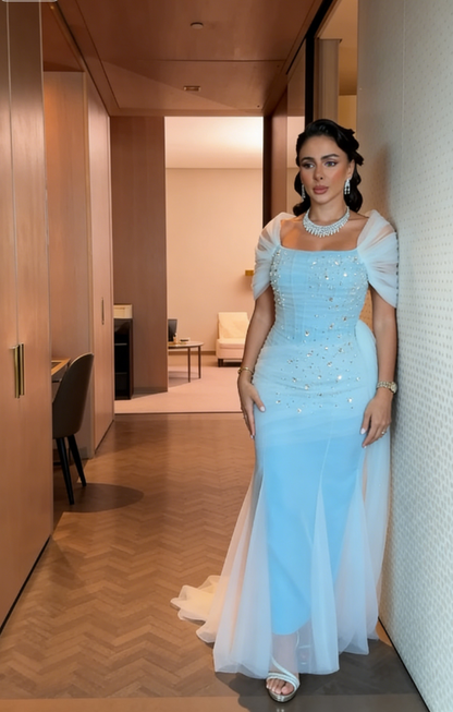 Gentle Blue Mermaid Off the Shoulder Beaded Tulle Prom Dress Evening Dress DP4341