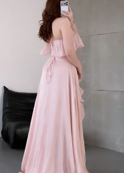 Ethereal A Line Strapless Ruffle Light Pink Chiffon Long Prom Dress Evening Dress DP6924
