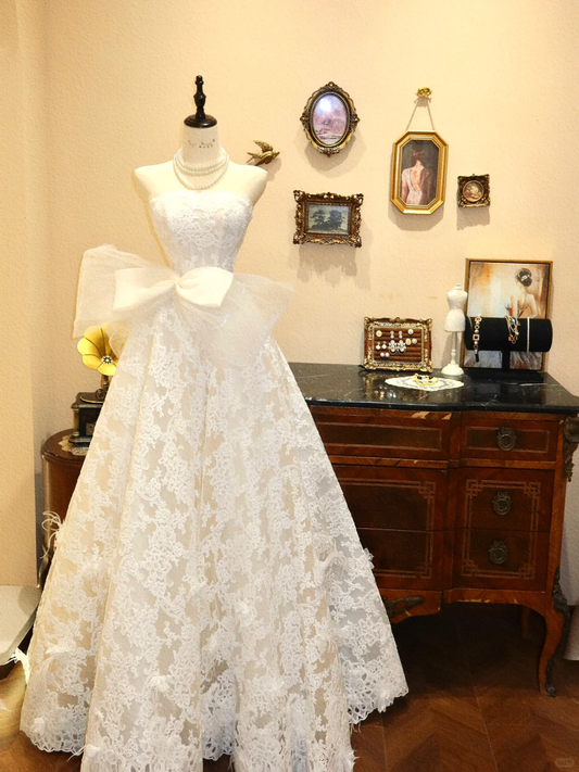 White A Line Strapless Lace Prom Dress Wedding Dress with Bow DP3916