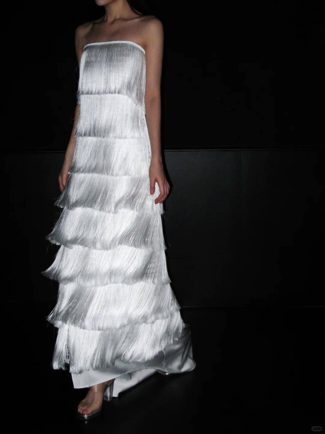 Flowy A Line Strapless Layered Tassel White Satin Long Wedding Dress DP5795