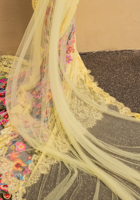 Floral Exquisite Two Piece Mermaid Long Sleeve Yellow Lace Tulle Prom Dress Wedding Dress DP3388