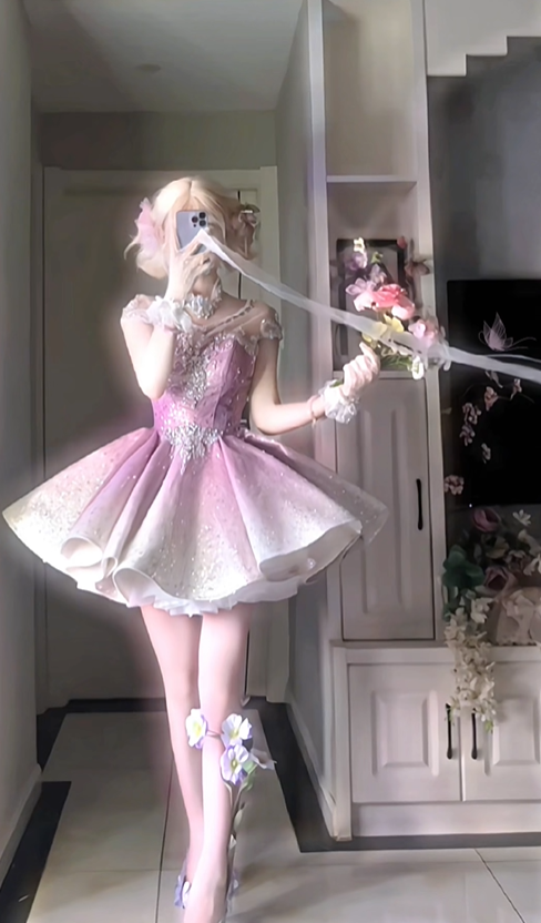 Cute Pink Ombre A Line Beaded Sequin Short Prom Dress Homecoming Dress DP4558