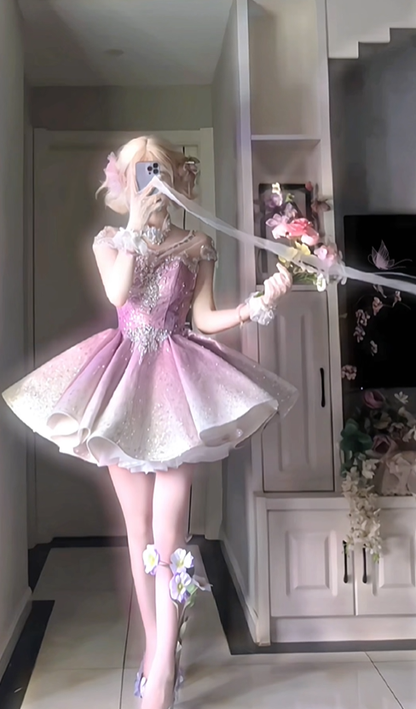 Cute Pink Ombre A Line Beaded Sequin Short Prom Dress Homecoming Dress DP4558