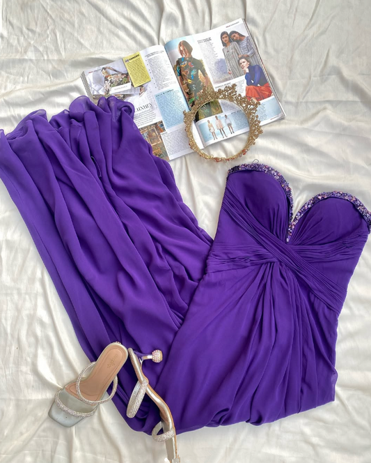 Purple A Line Sweetheart Neck Chiffon Long Prom Dress Evening Dress with Beads DP1379