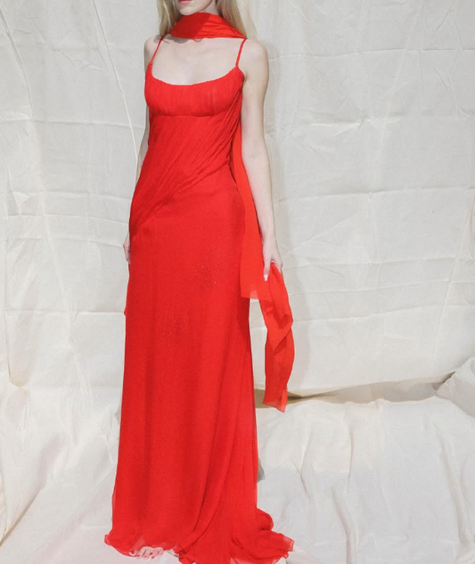 Simple A Line Spaghetti Strap Red Chiffon Long Prom Dress Evening Dress DP2085