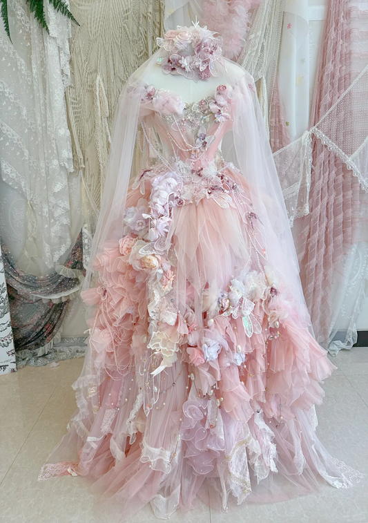 Pink Butterfly Floral Ball Gown Off the Shoulder Exquisite Beaded Tulle 16th Birthday Dress Prom Dress DP3814