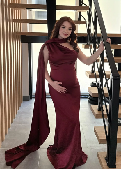 Simple Burgundy Sheath One Shoulder Satin Long Prom Dress Evening Dress DP6937