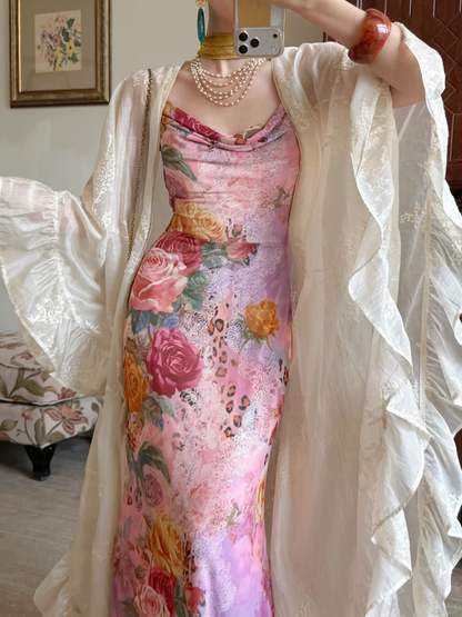 Beautiful Sheath Spaghetti Straps Pink Printed Floral Chiffon Long Prom Dress Evening Dress DP6786
