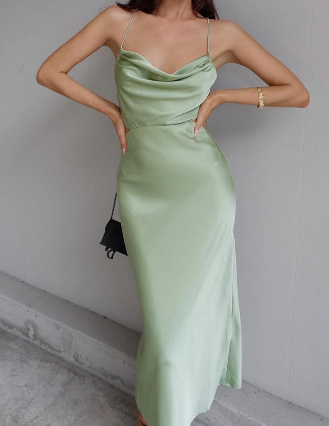 Simple Sheath Spaghetti Strap Green Satin Open Back Prom Dress Evening Dress DP1728
