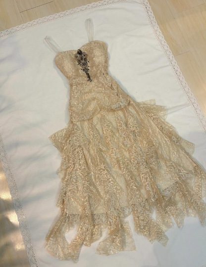 Vintage A Line Sweetheart Neck Beaded Lace Prom Dress Evening Dress DP1646