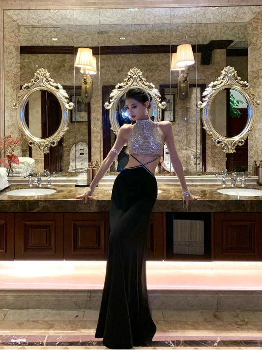 Sexy Mermaid Halter Sequin Beaded Satin Open Back Prom Dress Party Dress DP4552