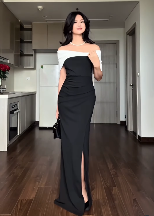 Classic Elegant Sheath Off the Shoulder Black-White Satin Long Prom Dress Evening Dress DP3966