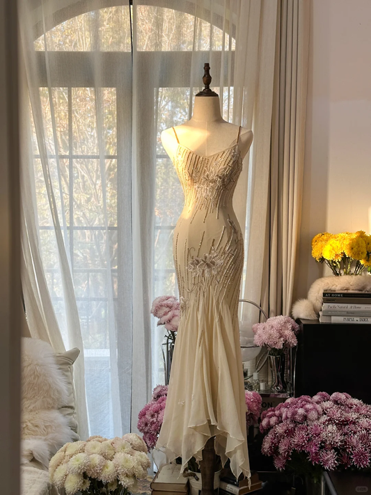 Mermaid Spaghetti Strap Embroidered Beaded Chiffon Party Dress Wedding Guest Dress DP2479