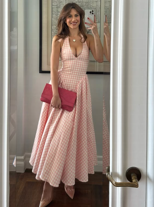 Gentle Pink A Line Halter Plaid Satin Prom Dress Evening Dress 16th Birthday Dress DP3953