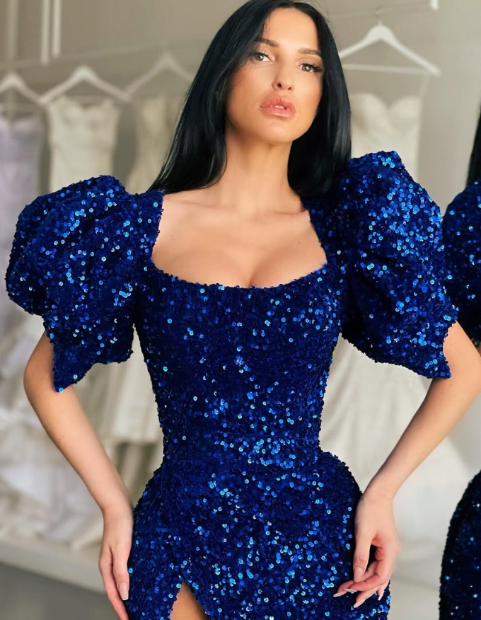 Royal Blue Sheath Puff Sleeve Sequin Slit Long Prom Dress Evening Dress DP5195