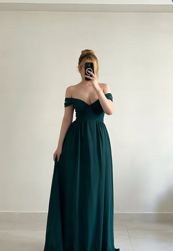 Dark Green A Line Off the Shoulder Satin Prom Dress Evening Dress DP6041