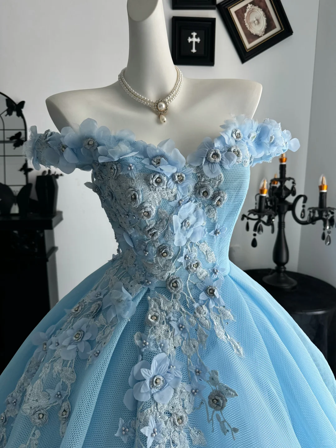 Baby Blue Ball Gown Off the Shoulder Floral Tulle Prom Dress Quinceanera Dress DP6957