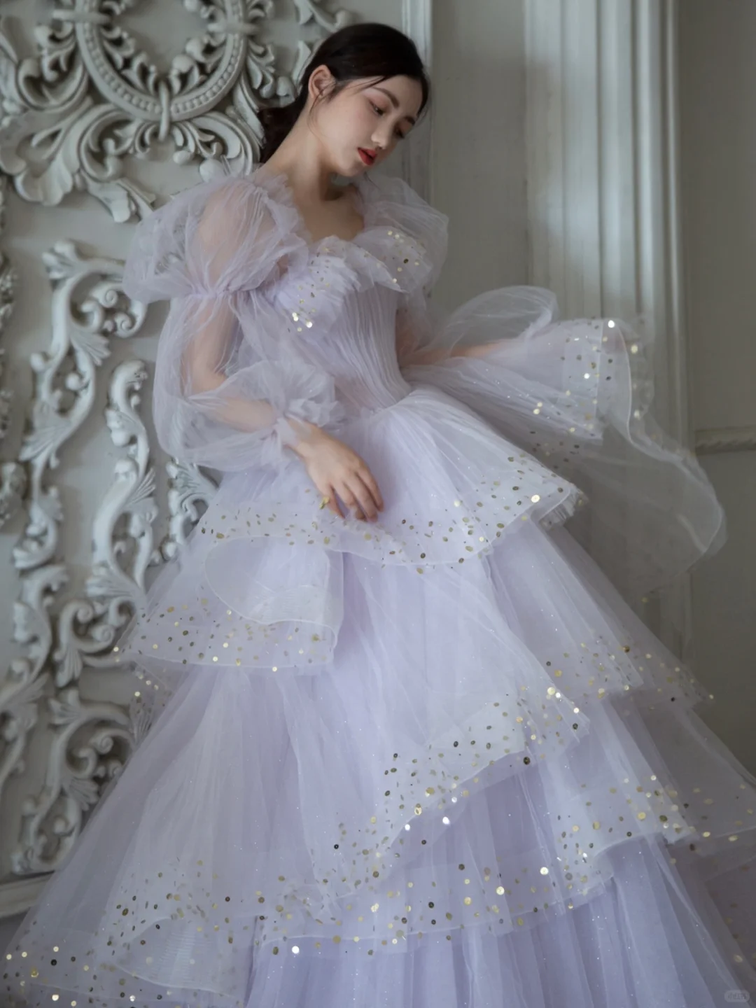 Purple A Line Long Sleeve Layered Sequin Tulle Long Party Dress Evening Dress DP2554