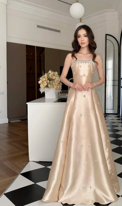 Elegangt Champagne A Line Strapless Exquisite Rhinestone Satin Prom Dress 18th Birthday Dress DP4463