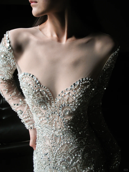 Sparkling Diamonds Mermaid Long Sleeve Tulle Wedding Dress DP5204