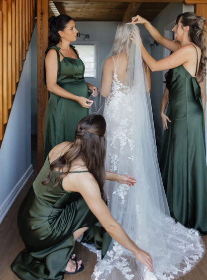Hunter Green A Line Straps Satin Long Prom Dress Bridesmaid Dress with Slit DP4983