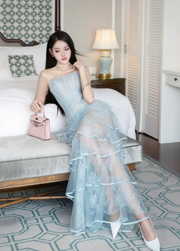 Elegant A Line Strapless Layered Blue Lace Prom Dress Evening Dress DP5917