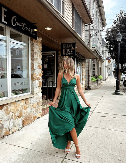 Charming A Line Halter Green Satin Open Back Prom Dress Evening Dress DP1854