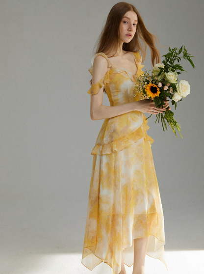 Pretty A Line Spaghetti Strap Ruffle Yellow Chiffon Summer Dress Vacation Dress Outfits DP3655