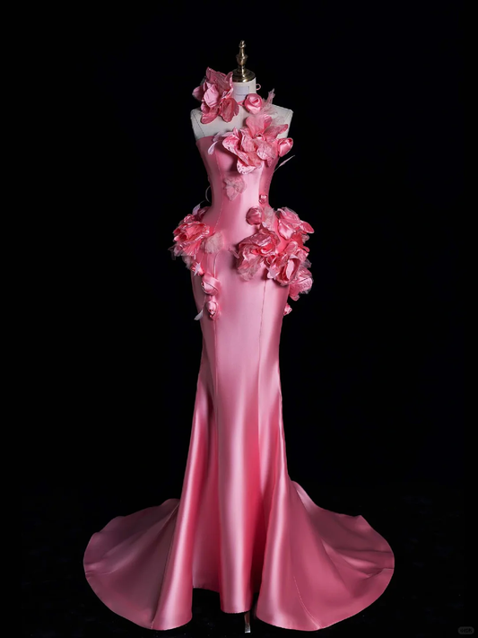 Unique Mermaid Strapless Pink Flower Satin Long Prom Dress Evening Dress DP2096