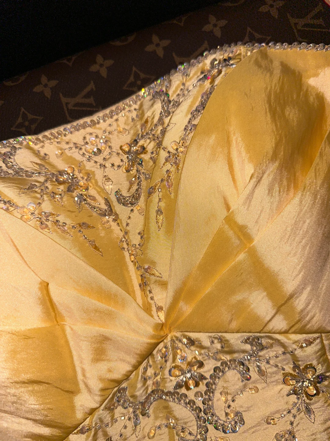Bright Yellow A Line Strapless Beaded Satin Prom Dress Party Evening Dress DP5343