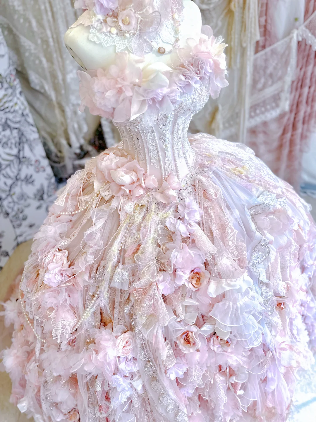 Pink Ball Gown Strapless Floral Beaded Layered Tulle Prom Dress 16th Birthday Dress DP3770